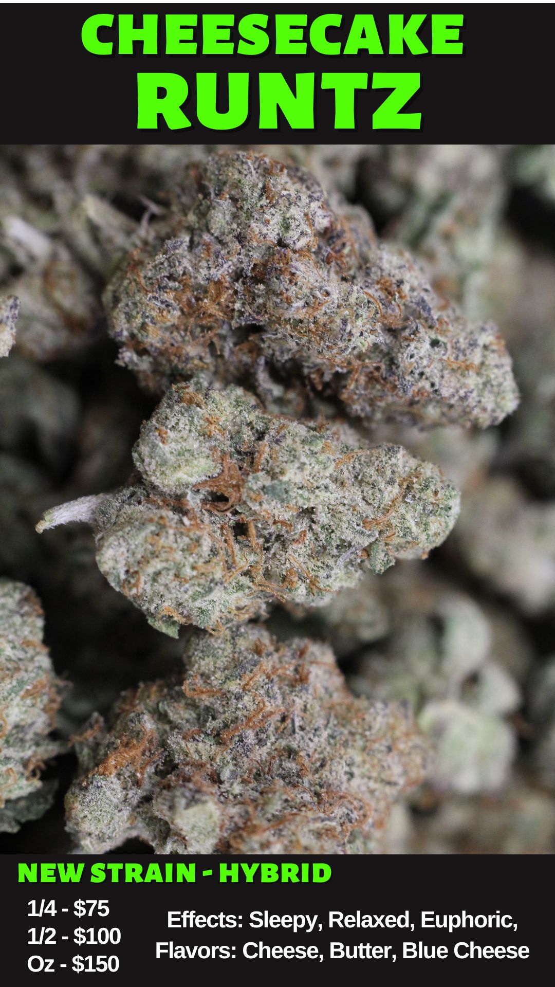 cheesecake runtz hybrid strain marijuana good for sleepy, relaxed, euphoric feelings